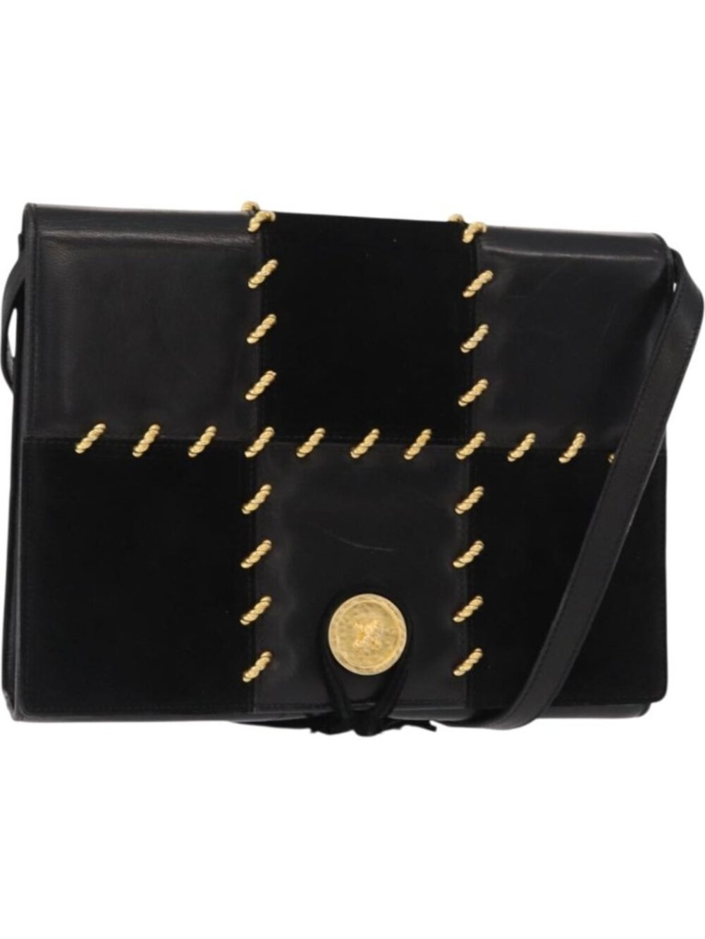 Salvatore Ferragamo Gancini Shoulder Bag Suede Leather Black Gold